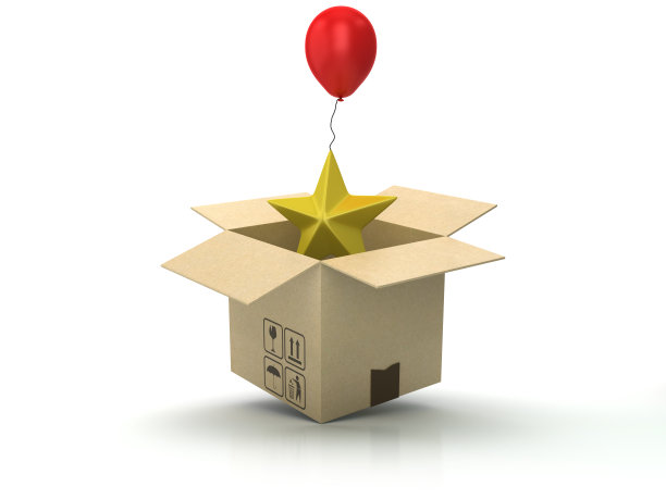 带有气球和星星的纸板盒-黑板背景- 3D渲染图片下载