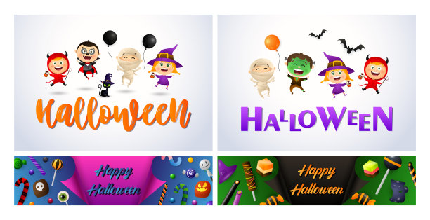 万圣节的粉色，白色，绿色横幅设置怪物图片下载