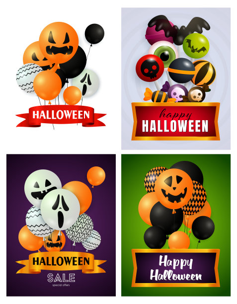 万圣节的白色，紫色，绿色横幅设置气球，糖果图片下载