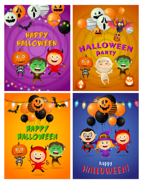 万圣节派对的橙色横幅上设置着气球、怪物图片下载