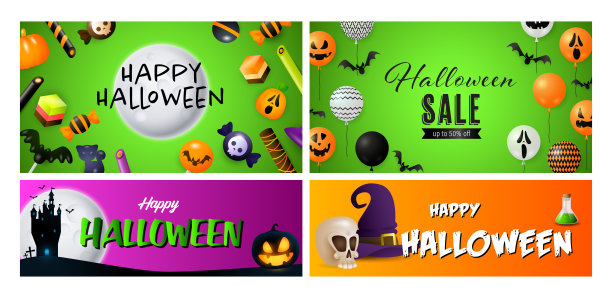 万圣节快乐绿色，紫色，橙色的横幅设置糖果图片下载