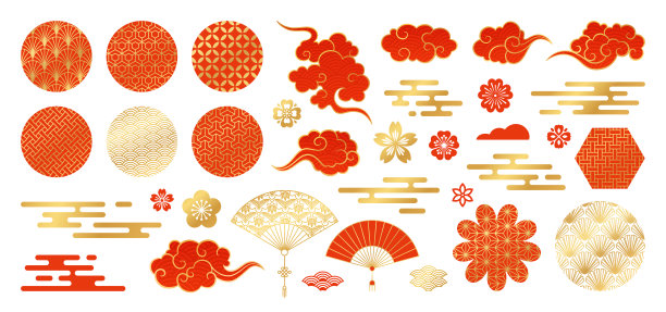 亚洲设计元素集。矢量装饰集图案，灯笼，花，云，装饰品在中国和日本风格。素材图片