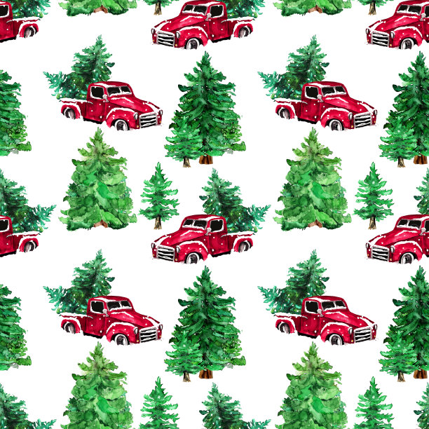 水彩手绘艺术彩色复古车与圣诞树在森林无缝模式图片下载