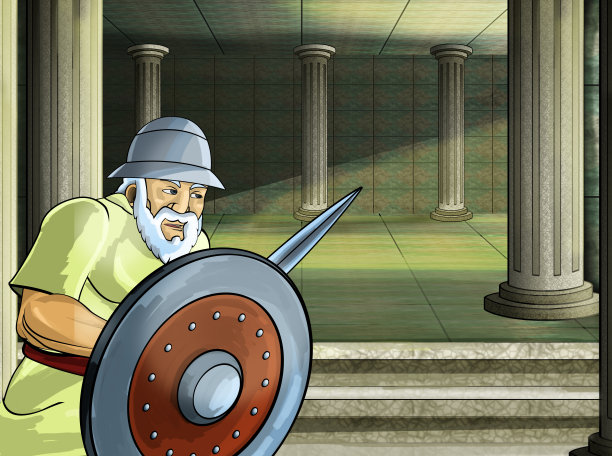 卡通场景与罗马或希腊战士古代人物附近的一些古老的建筑，如神庙图片下载