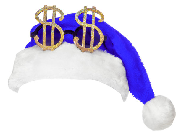 蓝色的圣诞老人帽和美元标志眼镜孤立在白色图片下载