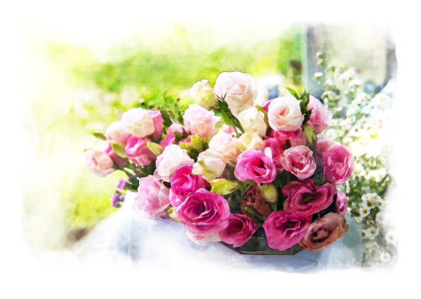 水彩画粉红玫瑰花束，室外玻璃花瓶和散景背景，具有艺术技术效果——水彩画。图片下载