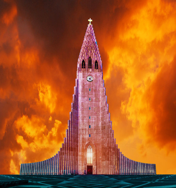 冰岛雷克雅未克â2019年6月22日:冰岛最大的标志性建筑、著名的Hallgrimskirkja教堂。戏剧性的日落。图片下载