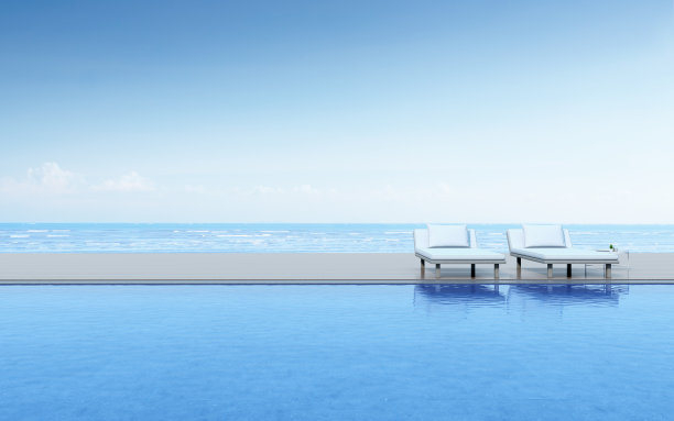 海景背景上的长椅和木质露台，蓝色泳池。三维渲染图片下载