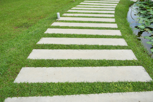 绿色草坪上弯弯曲曲的人行道图片下载