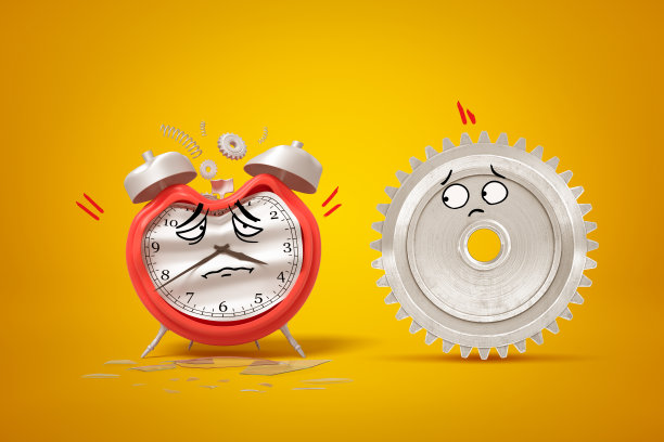 3d渲染的卡通面损坏的闹钟和银色齿轮在黄色的背景图片下载