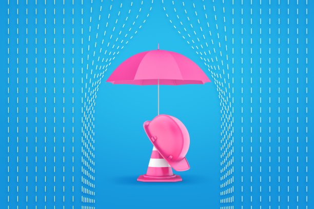 粉红色应急锥与粉红色安全帽和粉红色雨伞在蓝色虚线雨背景的3d渲染图片下载