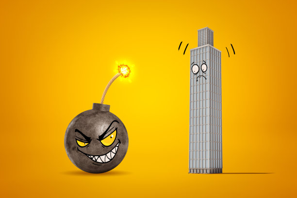 邪恶的笑脸卡通球炸弹与导火索和害怕的笑脸卡通摩天大楼在黄色背景的3d渲染图片下载