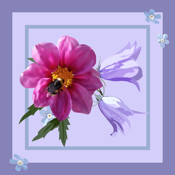 花在紫罗兰-蓝色的背景与框架。丁香花，粉红色的花和一只大黄蜂，勿忘我。图片下载