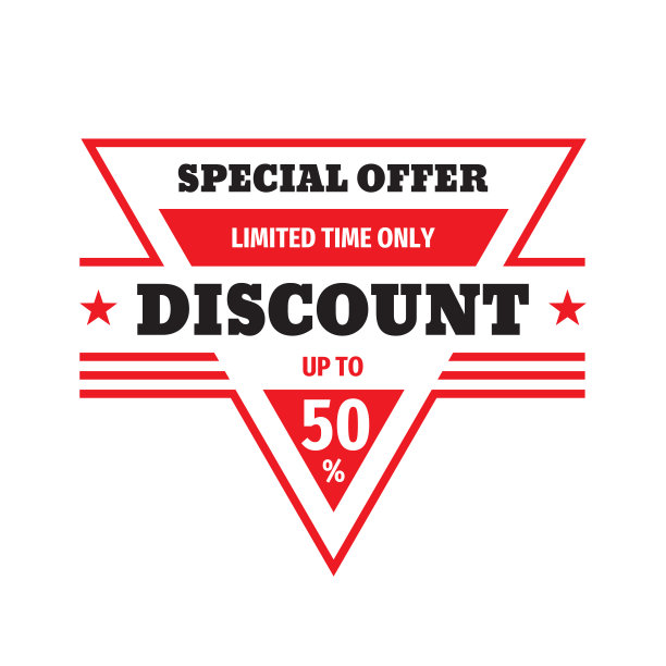 折扣高达50%的徽章设计。特别优惠概念横幅上的白色背景。出售象征布局。图片下载