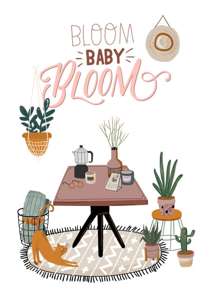 时尚斯堪的纳维亚风格客厅内饰 - 沙发、扶手椅、咖啡桌、盆栽植物、落地灯、家居装饰品图片下载