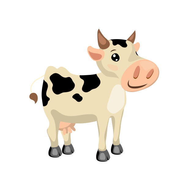 有黑点的白色母牛。可爱的奶牛角色矢量插图在白色的背景。有黑点的黄色母牛。图片下载