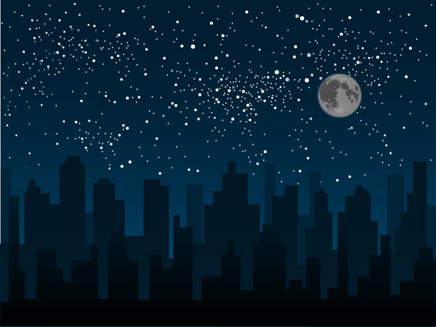 闪亮的夜空下的城市。黑色剪影的建筑、摩天大楼、房屋。图片下载