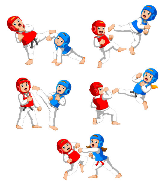 一群带着防护头盔和保镖在跆拳道上打斗的孩子图片下载