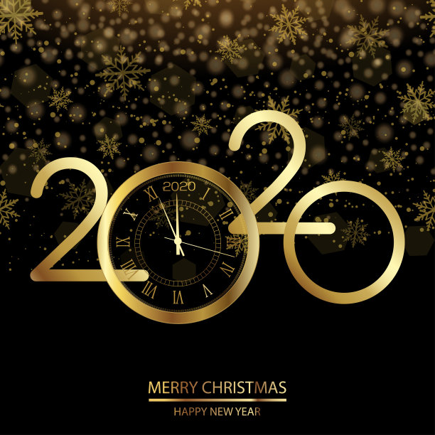 金色文字和时钟的新年贺卡。向量图片下载