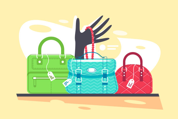 商店橱窗里有蓝色、红色和绿色的手提包、项链。图片下载