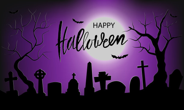 黑色的剪影墓地和树木在紫色的背景与月亮图片下载
