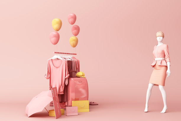 衣服模特是一个衣架，周围是包和市场道具，地板上有信用卡。三维渲染图片下载