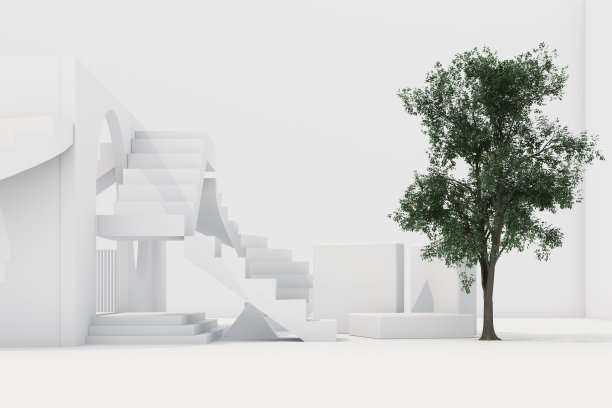 白色背景上的楼梯和拱门构成的几何形状。三维渲染图片下载