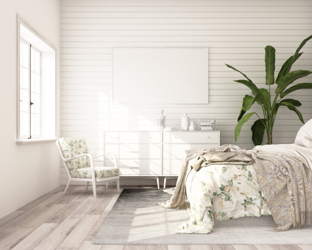 卧室的海报框架，现代古典风格与白色木墙，3d渲染图片下载