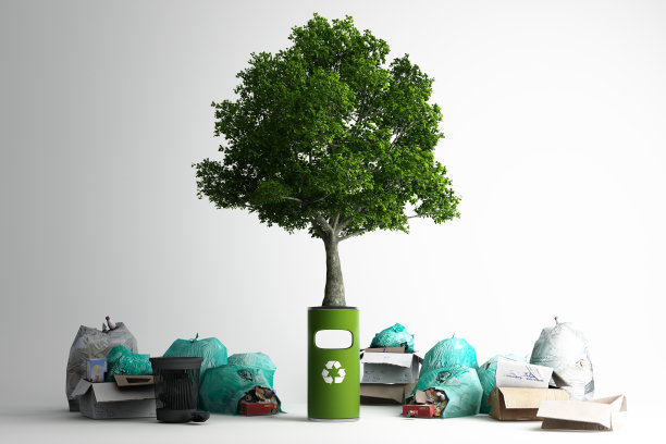 树可以生长在回收箱上。周围有很多垃圾和垃圾袋躺在垃圾堆周围。三维渲染图片下载