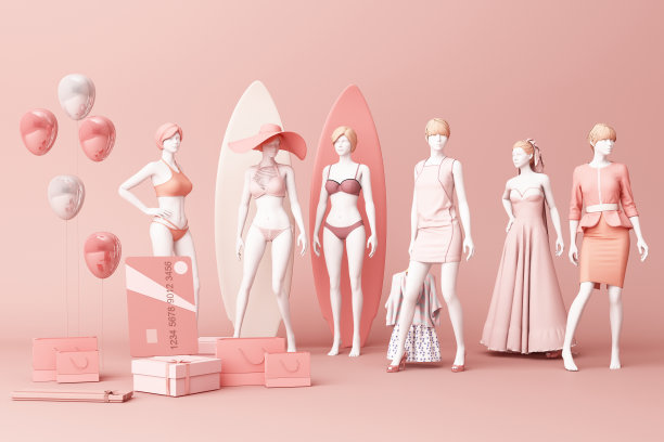 模特周围的购物袋和礼品盒与信用卡在粉红色的背景。三维渲染图片下载