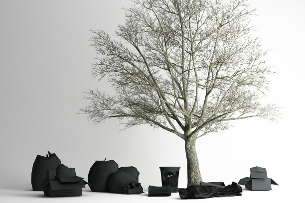 枯树周围有很多垃圾和垃圾袋躺在垃圾堆里。三维渲染图片下载