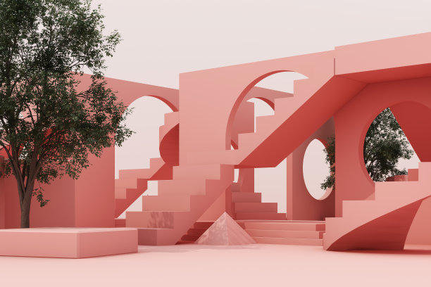 白色背景上的楼梯和拱门构成的几何形状。三维渲染图片下载