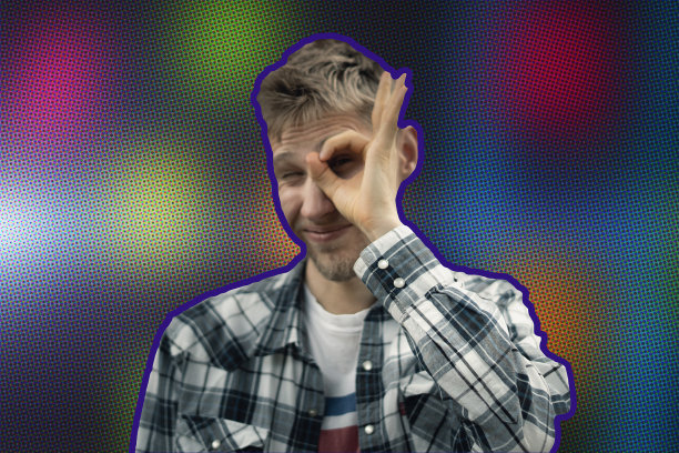 漫画风格的年轻人微笑快乐剪出男人肖像，创意十足图片下载