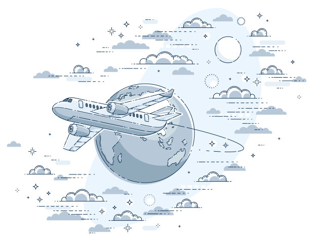 航空公司航空旅行插图飞机客机和行星地球在天空被云包围。美丽的细线矢量孤立在白色的背景。图片下载