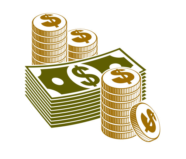 现金钞票静物与硬币和钞票叠元，经典风格矢量插图。图片下载