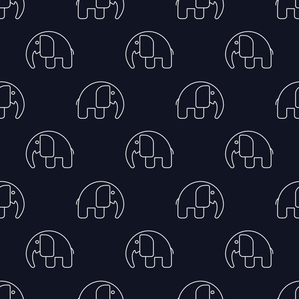 手绘矢量无缝模式，可爱的白色大象在蓝色的背景图片下载