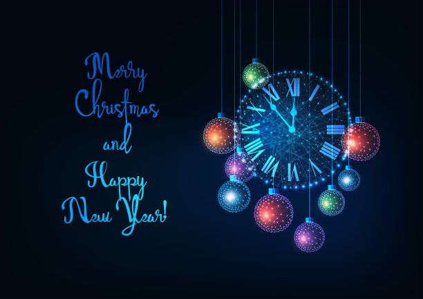 圣诞快乐，新年贺卡与罗马钟和挂装饰小饰物。图片下载