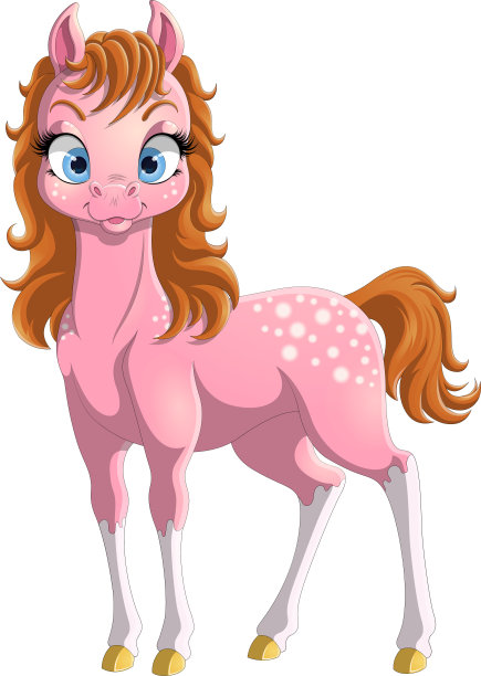 插图站立的粉红色的马与白色斑点孤立的背景。图片下载