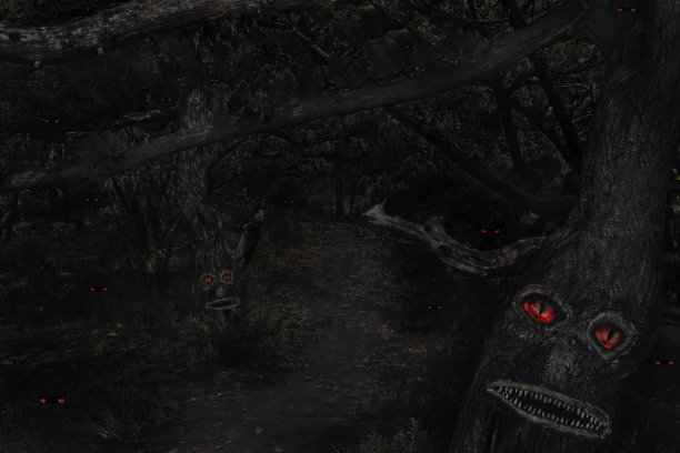 可怕的夜精灵森林与树怪物和眼睛在黑暗中图片下载