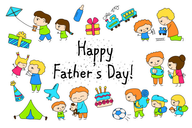 快乐的父亲节矢量clipart与孩子画家庭场景。父亲节贴纸快乐。孩子和父亲图片下载