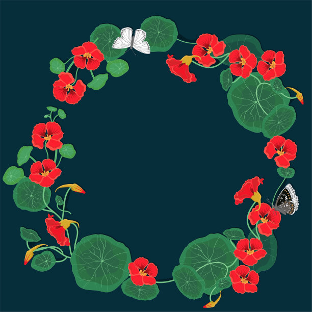 荷花和蝴蝶的圆形框架。向量模板。图片下载