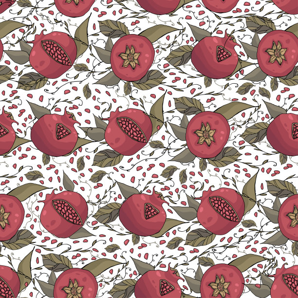无缝模式，无尽的模板织物与手绘石榴叶和种子矢量插图图片下载
