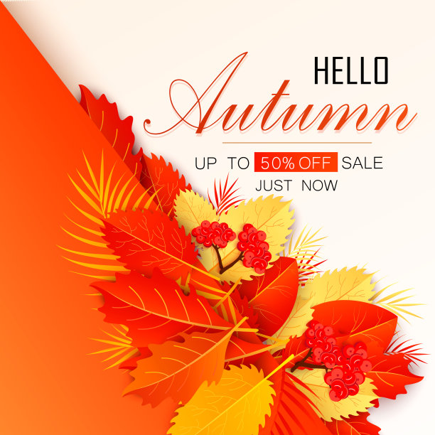 设置矢量横幅与红色，橙色，棕色和黄色的秋天树叶。图片下载