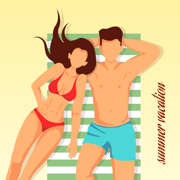 暑假卡片设计。一对年轻夫妇在海滩上晒日光浴。图片下载