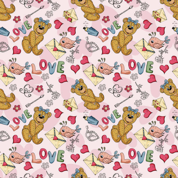 以爱情和情人节为主题的熊的色彩无缝插画和等高线画图片下载