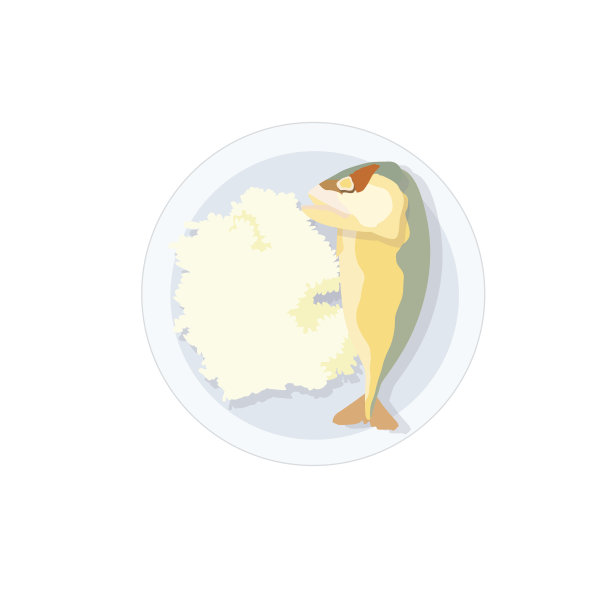 米饭和炸鲭鱼在盘子上的白色背景插图矢量图片下载