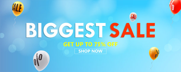 大减价，现在就买吧。最多可享受七五折优惠。横幅广告。气球在蓝天上飞翔，标志着降价。矢量模板3d插图图片下载