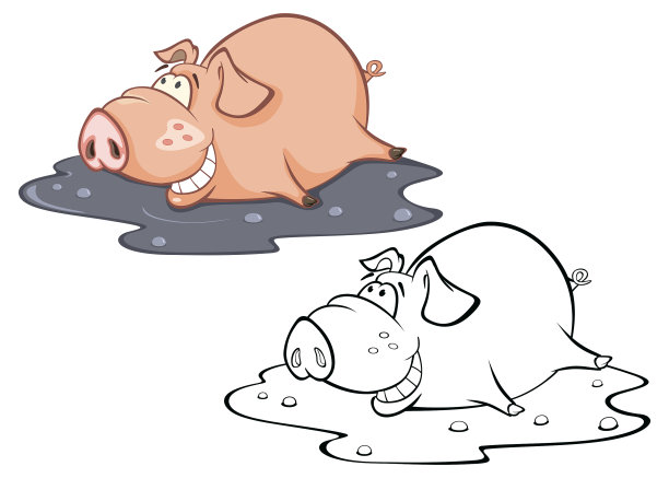 矢量插图一个可爱的卡通人物猪为你设计和电脑游戏。着色书大纲集图片下载