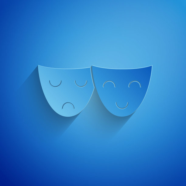 剪纸喜剧和悲剧戏剧面具图标孤立在蓝色背景。纸艺术风格。矢量图图片下载