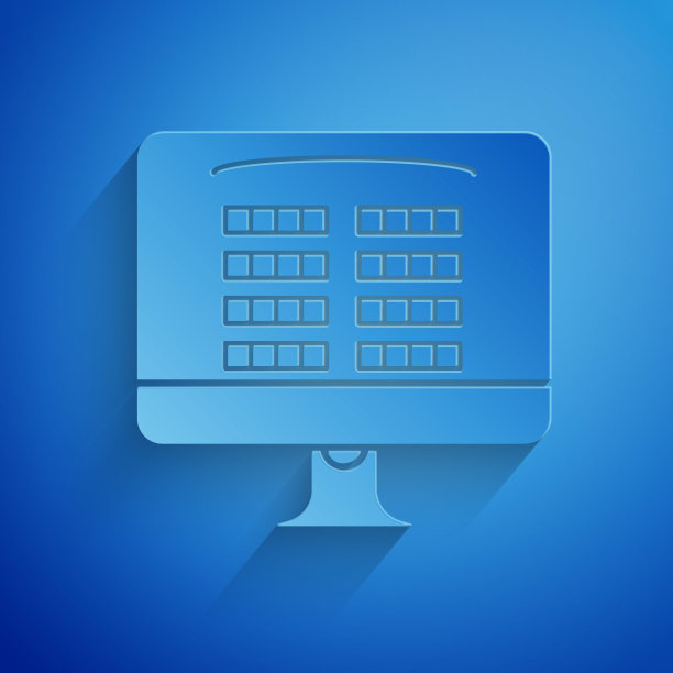 剪纸网上购买电影票图标孤立在蓝色背景。服务的概念。纸艺术风格。矢量图图片下载